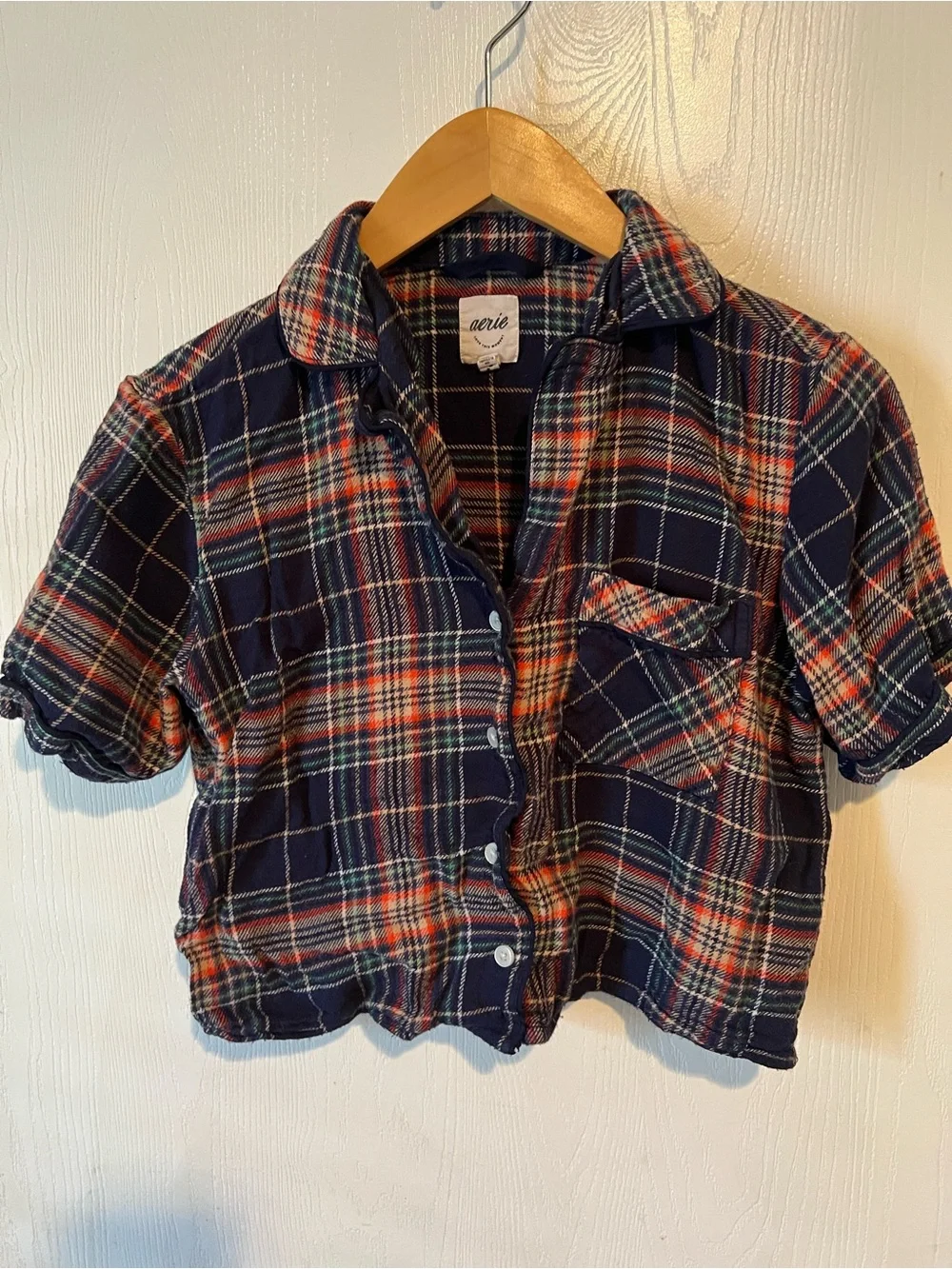 Aerie Navy Blue Plaid Flannel Ruffle Hem Pajama Set Women Sz XS